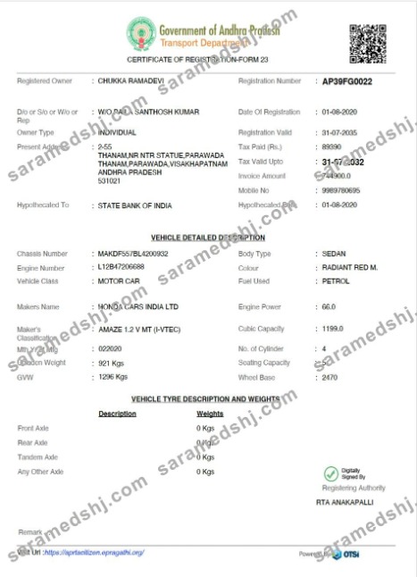 India Andhra Pradesh state vehicle registration certificate